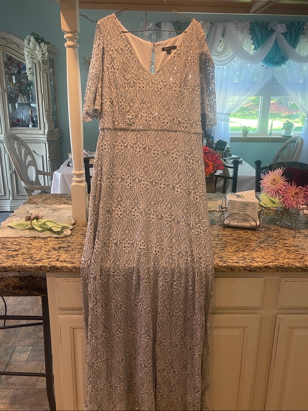 MARINA Beaded V-Neck Maxi Dress in Light Silver